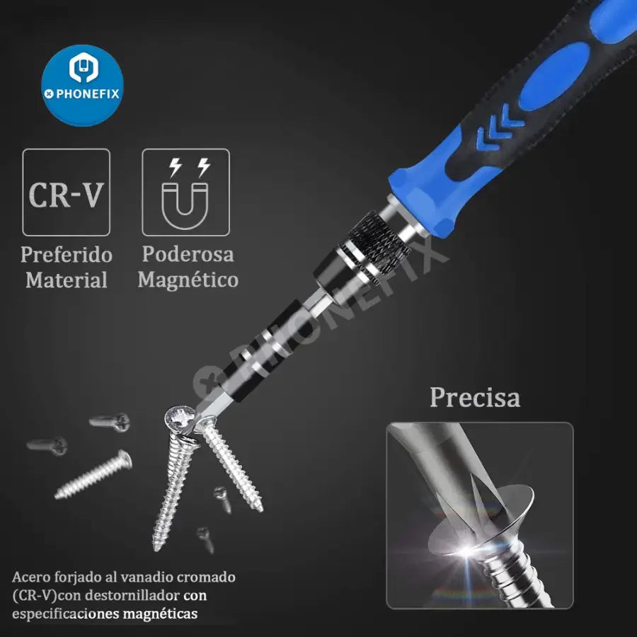 PhoneFix magnetic precision screwdriver set with multiple bits, ideal for repairing phones, laptops, and tablets.