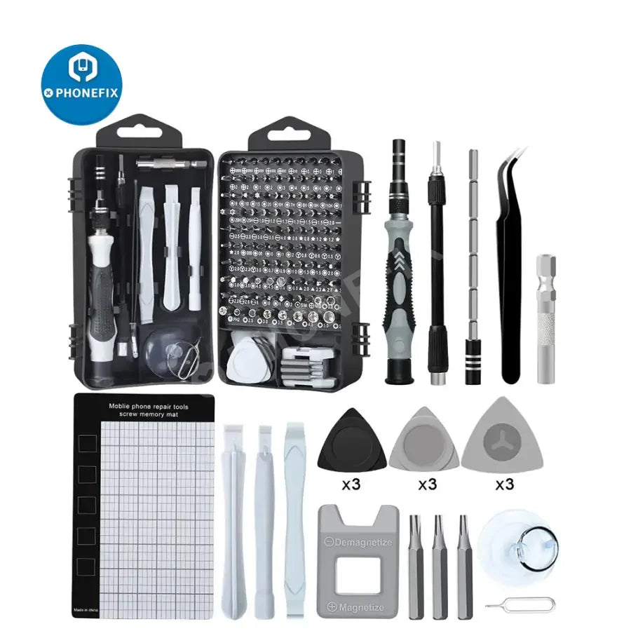 PhoneFix 11-in-1 magnetic precision screwdriver set with repair tools for phones, laptops, and tablets.
