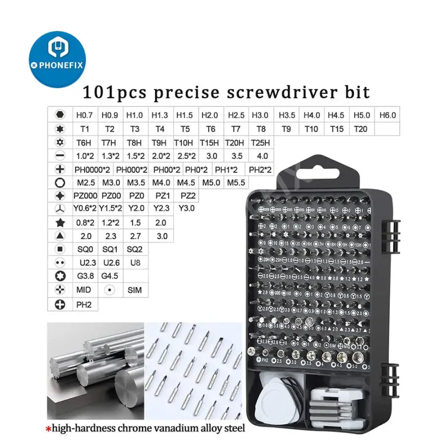 PhoneFix magnetic precision screwdriver set for phone, laptop, and tablet repair, includes 117 tools for electronics repair.