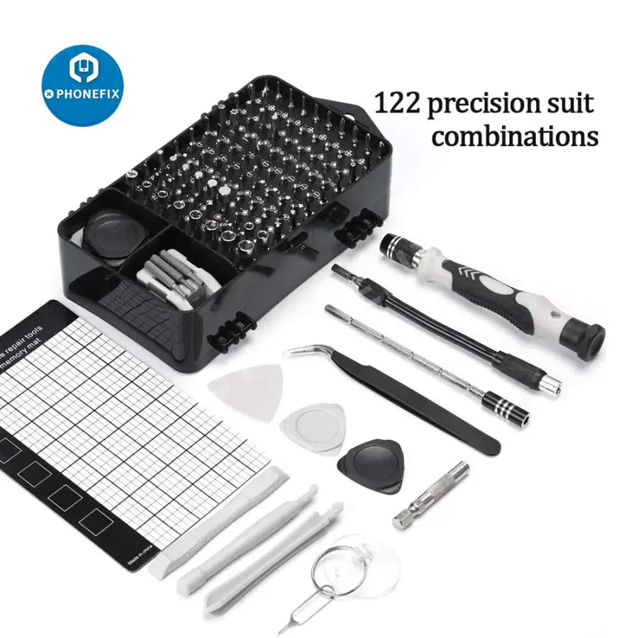 PhoneFix magnetic precision screwdriver set with 117 tools for phone, laptop, and tablet repair, featuring magnetic tips and compact design.