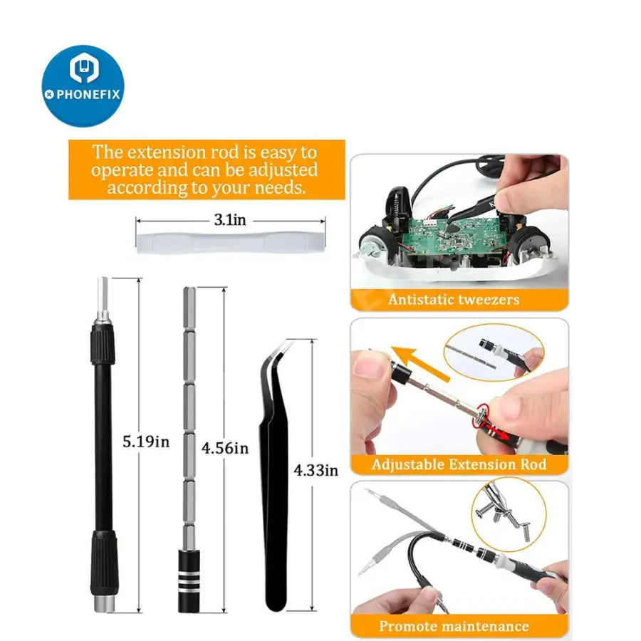 PhoneFix magnetic 117-in-1 precision screwdriver set for phone, laptop, and tablet repair with various screwdriver tools.