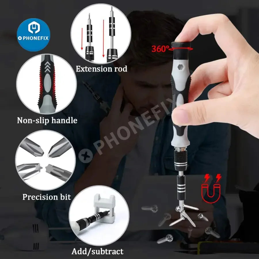 PhoneFix magnetic precision screwdriver set with 117 tools for repairing phones, laptops, and tablets, including mini screwdrivers and bits.