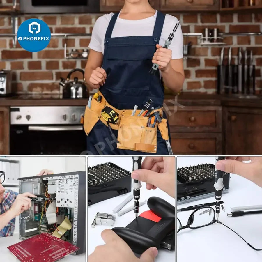 PhoneFix 117-in-1 magnetic precision screwdriver set with repair tools for phones, laptops, and tablets.