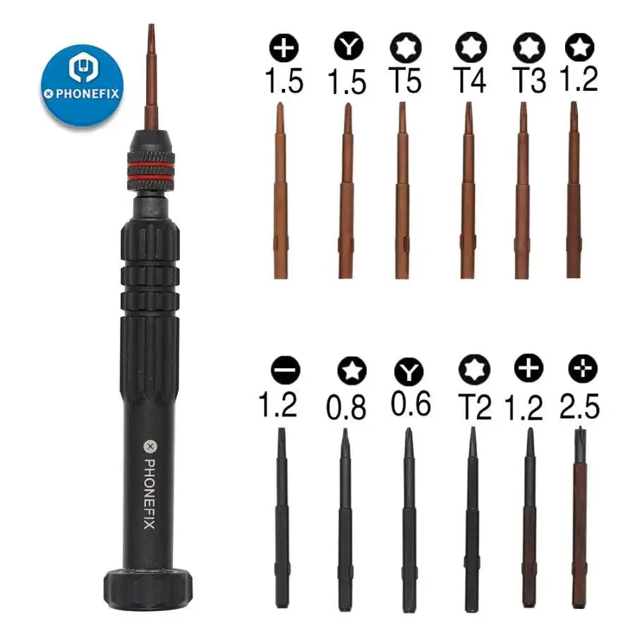 PhoneFix 12-in-1 multi-function screwdriver repair tool kit with replaceable bits and ergonomic handle, ideal for electronics repair.