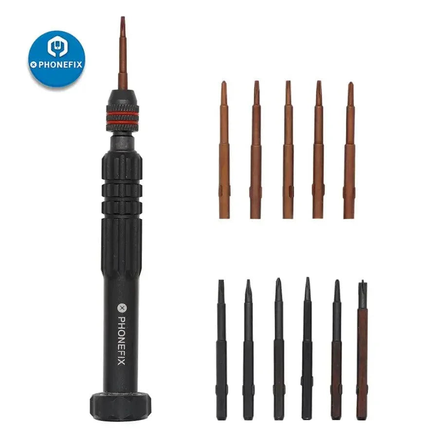 PhoneFix 12-in-1 multi-function screwdriver repair tool kit with replaceable bits, showing various screwdriver heads and compact storage.