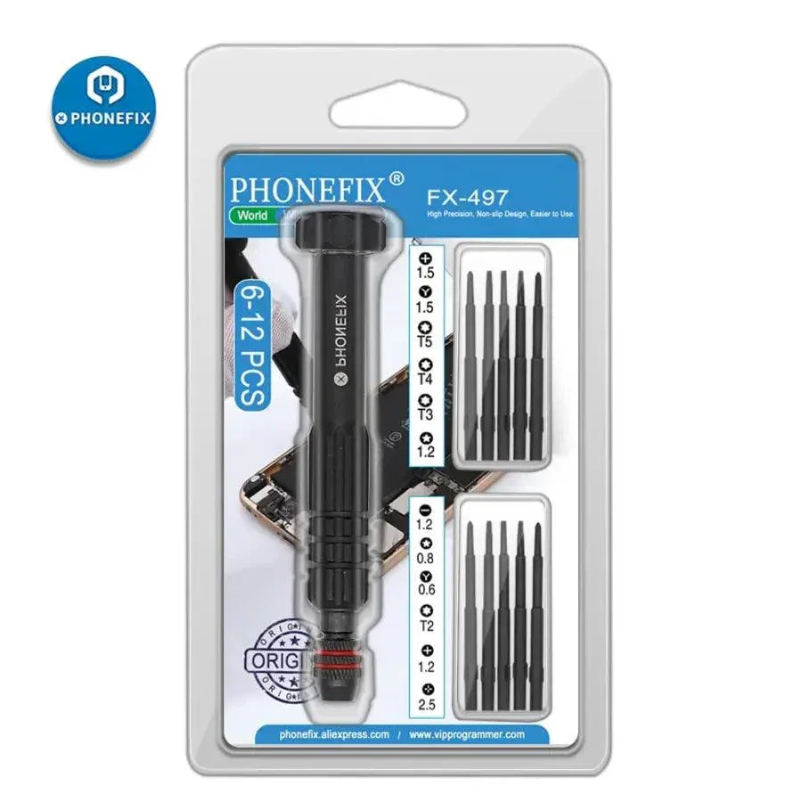 PhoneFix 12-in-1 multi-function screwdriver repair tool kit with replaceable bits, featuring various screwdriver heads and ergonomic handle.