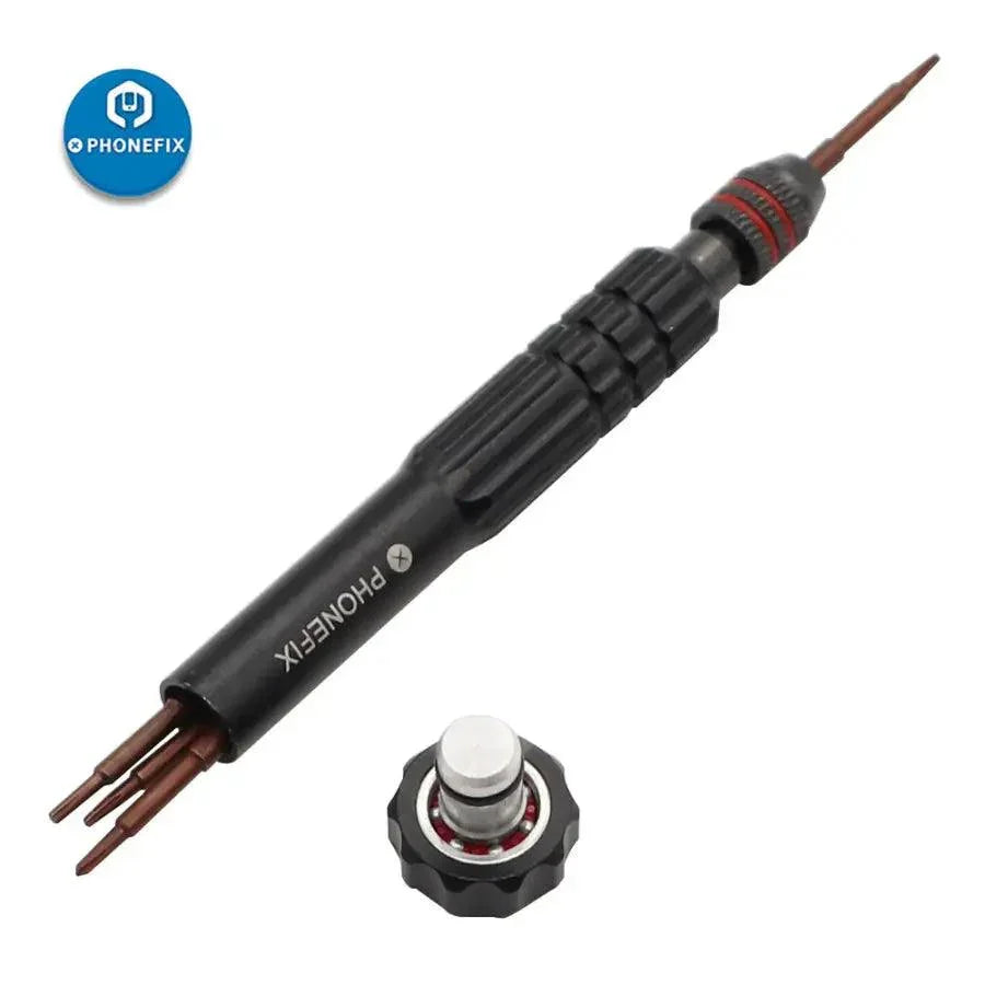 PHONEFIX 12-in-1 multi-function screwdriver repair tool kit with replaceable bits, showing compact handle and various screwdriver heads.