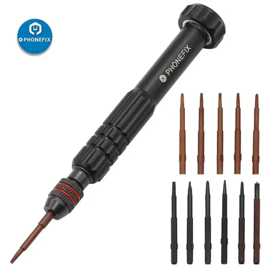 PHONEFIX 12-in-1 multi-function screwdriver repair tool kit with replaceable bits, featuring various screwdriver heads and ergonomic handle.