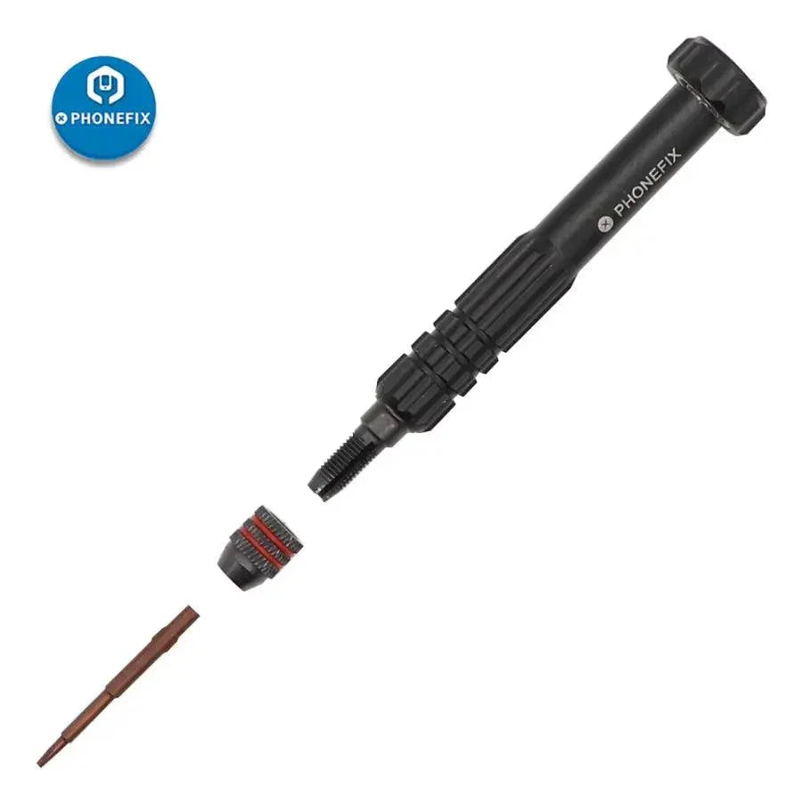 PhoneFix 12-in-1 multi-function screwdriver repair tool kit with replaceable bits, showing various screwdriver heads and compact design.