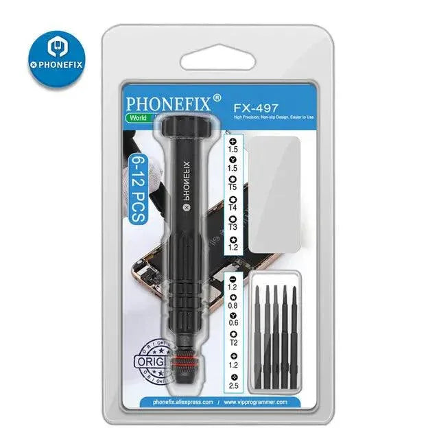 PhoneFix 12-in-1 multi-function screwdriver repair tool kit with replaceable bits, featuring various screwdrivers and bits for electronic repairs.