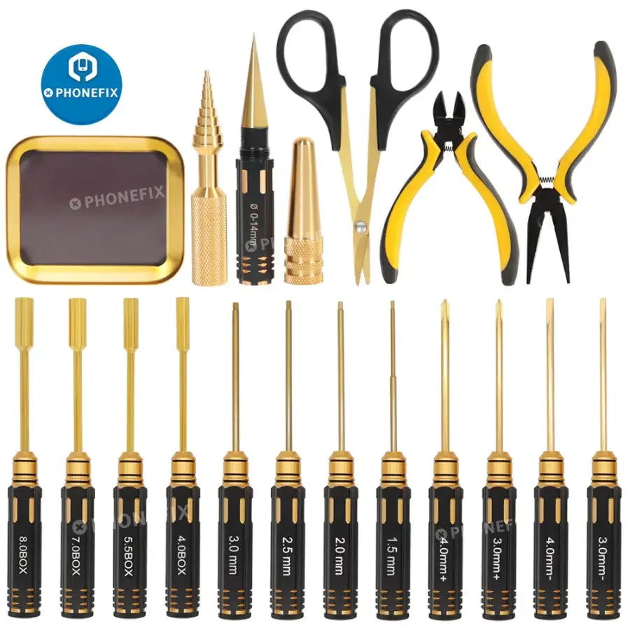 PHONEFIX All-In-1 RC Car screwdriver set with pliers, hex sleeves, and socket tools for repair and maintenance.