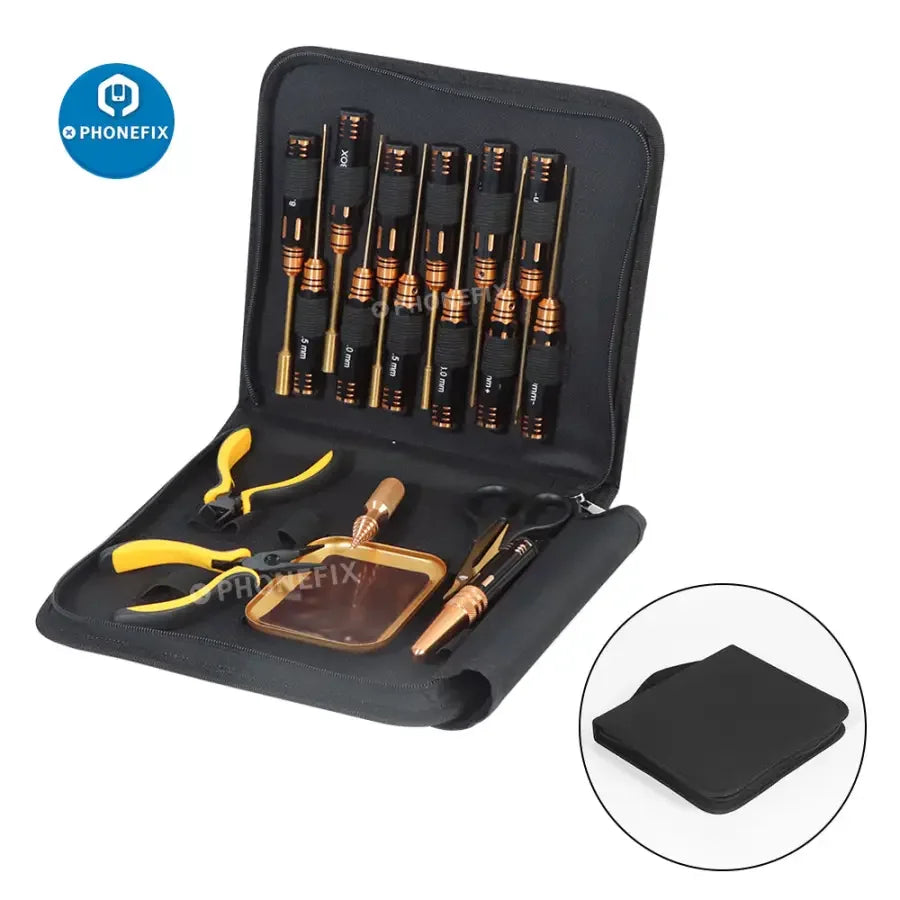 PHONEFIX All-in-1 RC car screwdriver set with pliers, hex sleeves, and socket tools for efficient remote control car repairs.