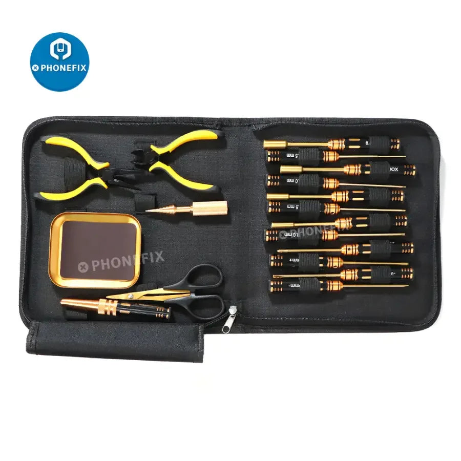 PHONEFIX 13-in-1 RC car screwdriver set with pliers, hex sleeves, and sockets, ideal for remote control car repairs.