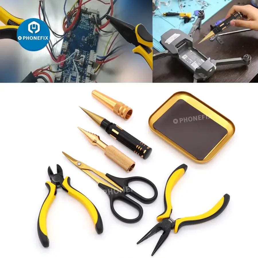 PHONEFIX 13-in-1 RC car screwdriver set with pliers, hex sleeves, and socket tools for remote control car repairs.