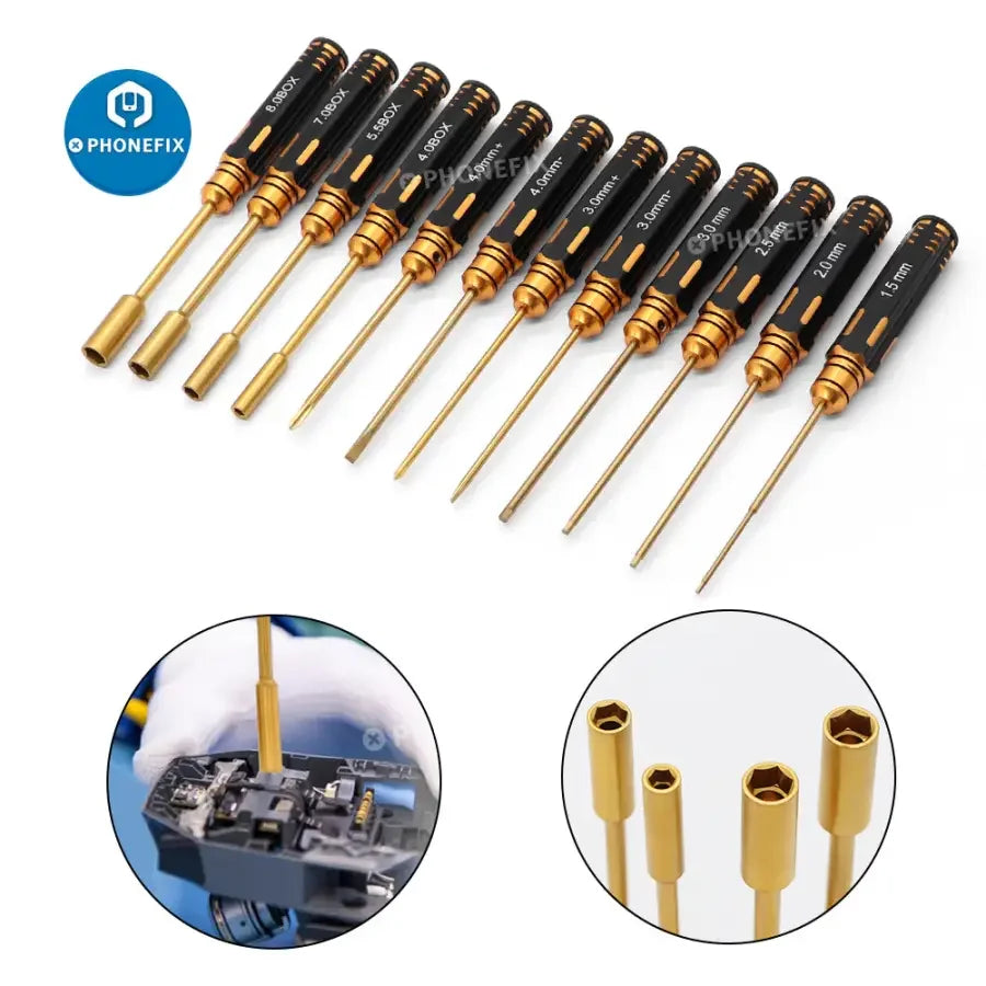 PHONEFIX 13-in-1 RC car screwdriver set with pliers, hex sleeves, and sockets for repair and maintenance tool kit.