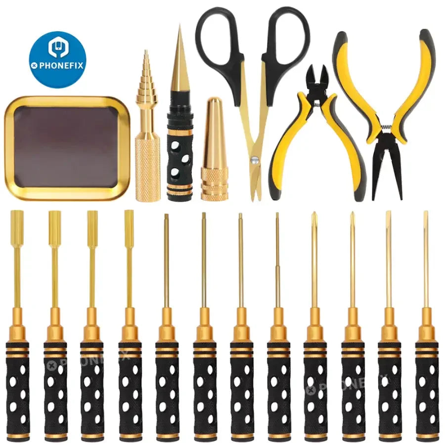PHONEFIX 13-in-1 RC car screwdriver set with pliers, hex sleeves, and sockets for precise repair and assembly tasks.