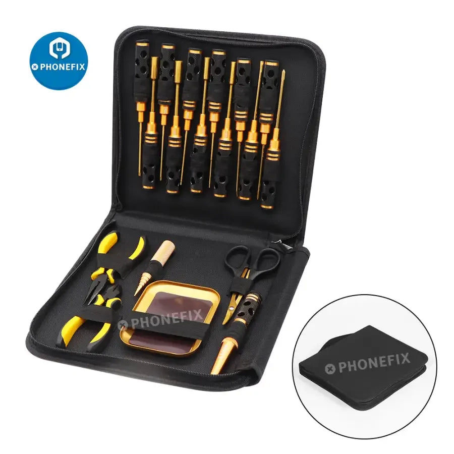 PHONEFIX 13-in-1 RC car screwdriver set with pliers, hex sleeves, and sockets for precise remote control car repairs.
