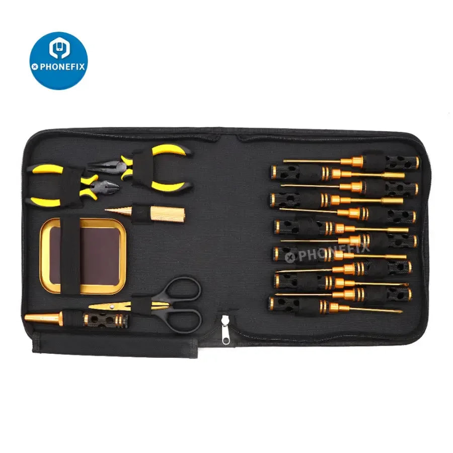 All-in-1 RC car screwdriver set with pliers, hex sleeves, and sockets from PHONEFIX, displayed with tools for remote control car repairs.