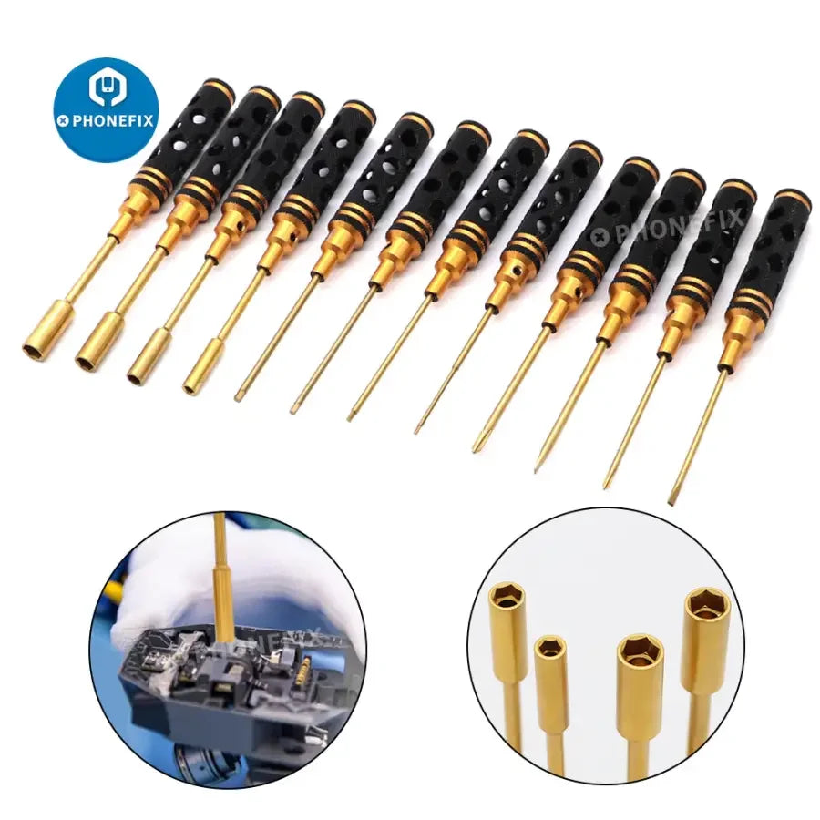 PhoneFix 13-in-1 RC car screwdriver set with pliers, hex sleeves, and socket repair toolkit for RC hobbyists and repairs.
