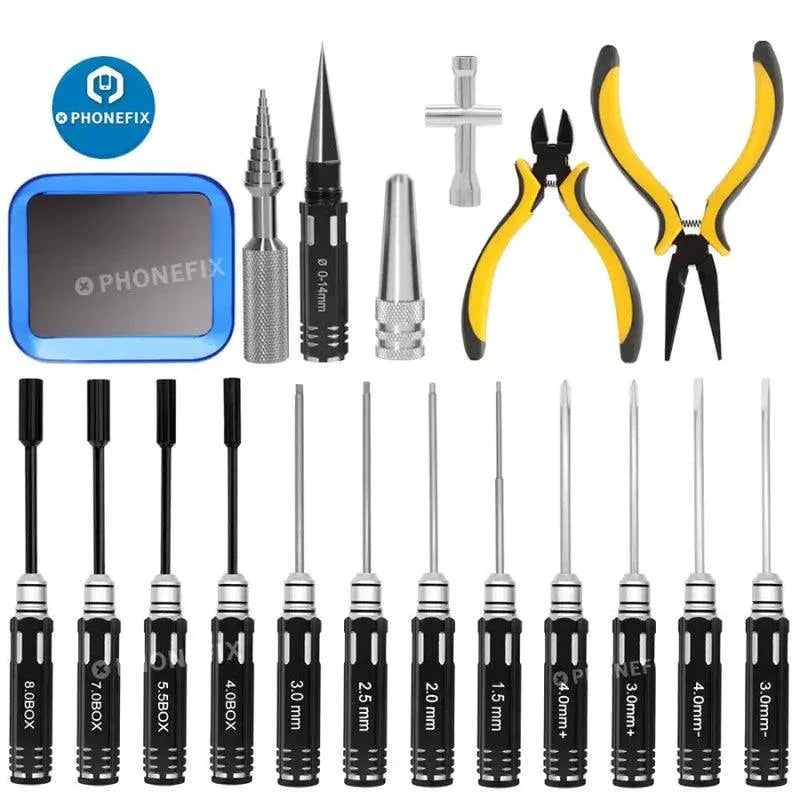 PHONEFIX 13-in-1 RC car screwdriver set with pliers, hex sleeves, and sockets for repair and maintenance.