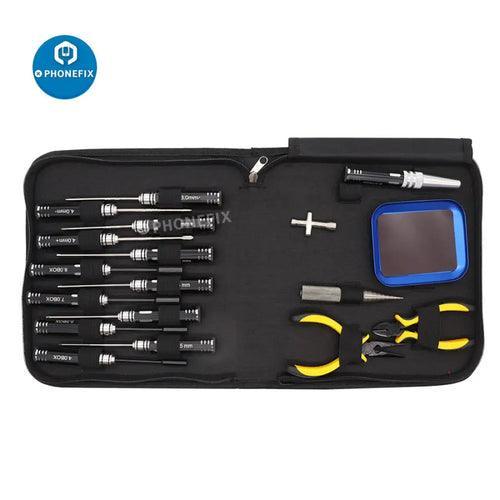 PHONEFIX 13-in-1 RC car screwdriver set with pliers, hex sleeves, and sockets for precise repair toolkits.