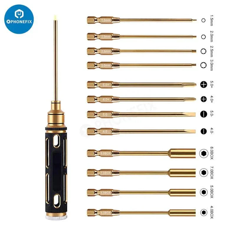 PHONEFIX 13-in-1 RC car screwdriver set with pliers, hex sleeves, and sockets for repair tools and maintenance.