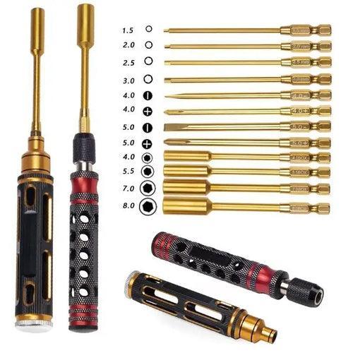 PHONEFIX 13-in-1 RC car screwdriver set with pliers, hex sleeves, and sockets for remote control car repairs and maintenance.