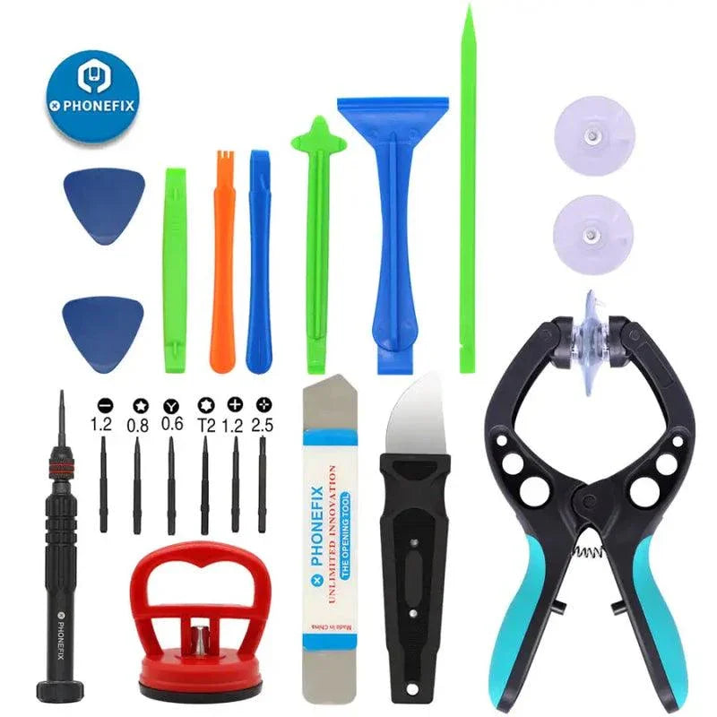 PHONEFIX multifunction screwdriver set with pry opening tools for mobile phone repair, including precision screwdrivers and opening tools.