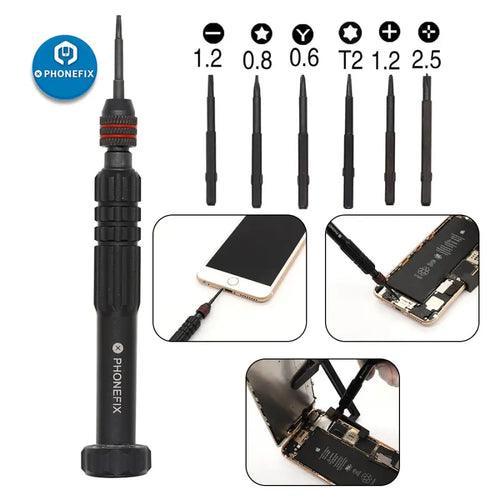 PHONEFIX multifunction screwdriver set with pry opening tools for mobile phone repair, includes various screwdrivers and repair tools.