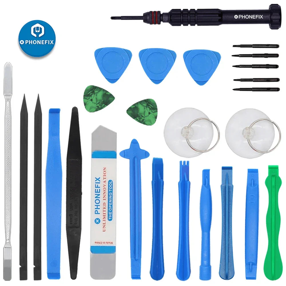 PHONEFIX multifunction screwdriver set with pry opening tools for mobile phone repair, featuring various screwdrivers and tools.