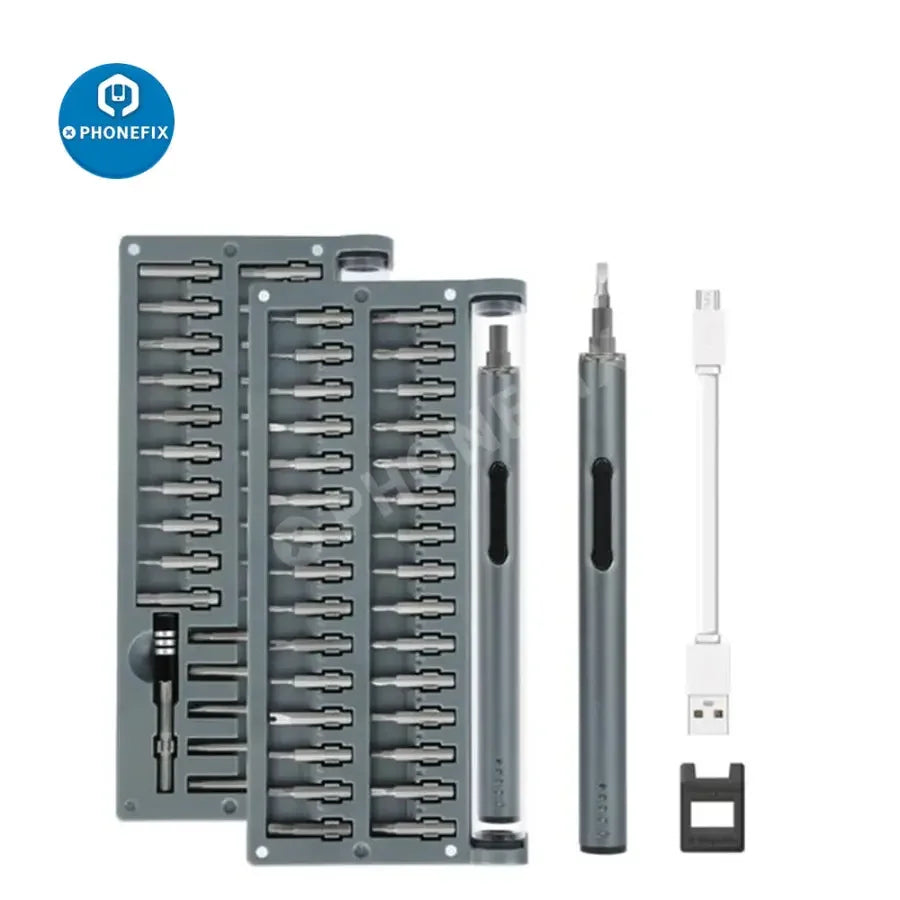 PhoneFix 59-in-1 precision electric screwdriver set with various bits for phone and laptop repair, compact and versatile screwdriver tools.
