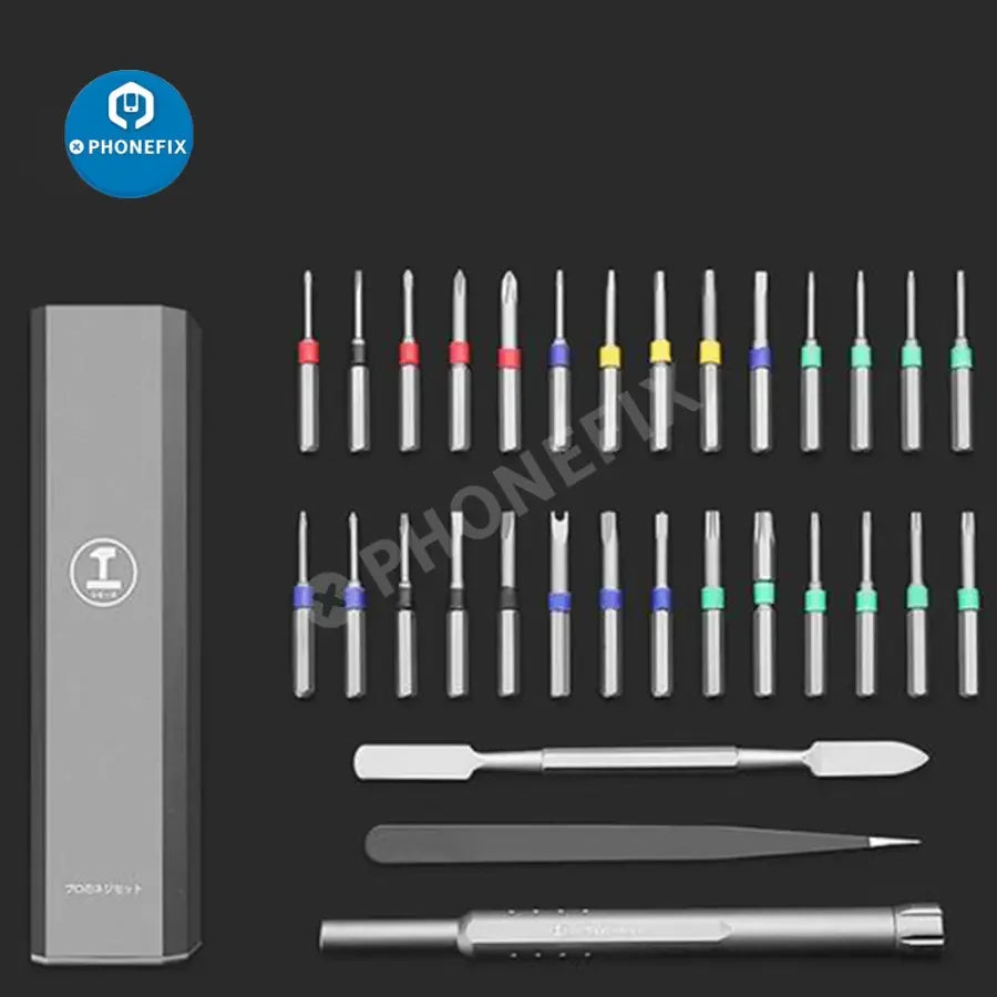 PhoneFix precision magnetic screwdriver set with dismountable bits for phone repair, showing various screwdriver tools and bits.