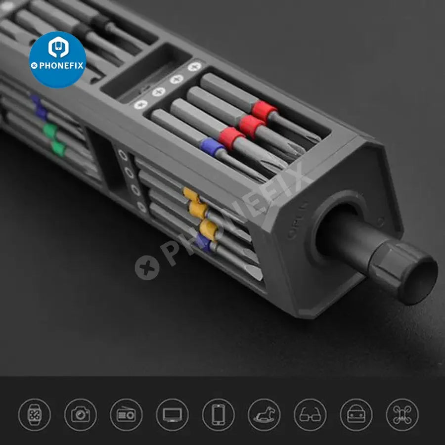 PHONEFIX 30-in-1 precision magnetic screwdriver set with dismountable bits for phone repair, showing various screwdriver tips and handles.