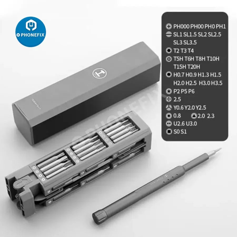 PhoneFix 30-in-1 precision magnetic screwdriver set with dismountable bits designed for phone repair and electronic device maintenance.