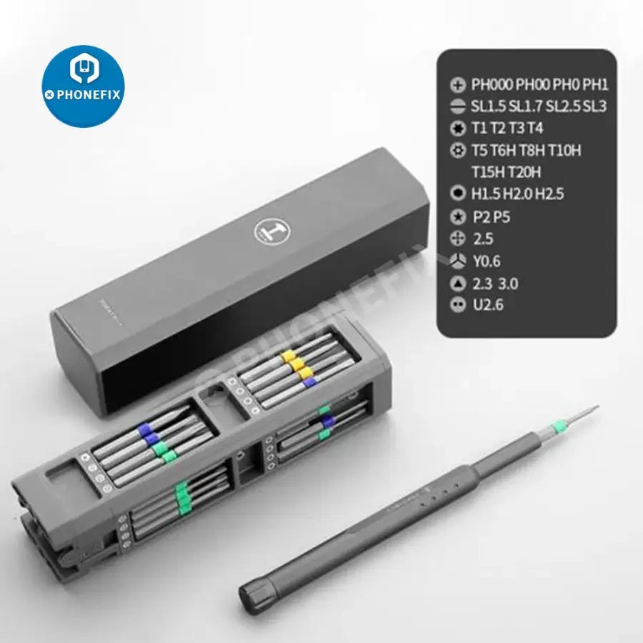 PHONEFIX 30-in-1 precision magnetic screwdriver set with dismountable bits for phone repair, showcasing various screwdriver tools and bits.