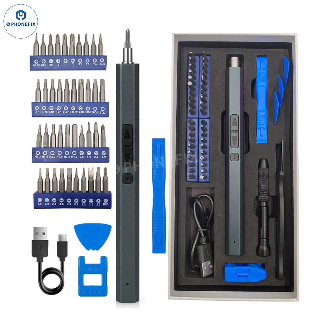 PHONEFIX Mini Electric Screwdriver Set with precision screwdriver tools, compact and ideal for electronics repair and maintenance.