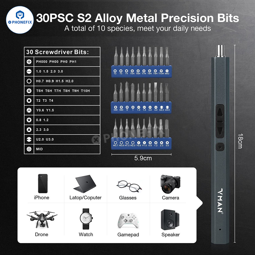 PHONEFIX Mini Electric Screwdriver Set with precision screwdriver tools and interchangeable bits for electronics repair.