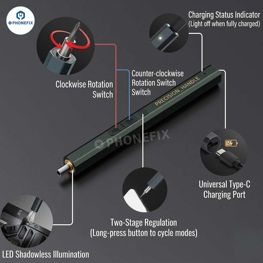 PHONEFIX Mini Electric Screwdriver Set with precision screwdriver tools, compact and versatile for electronics and small repairs.