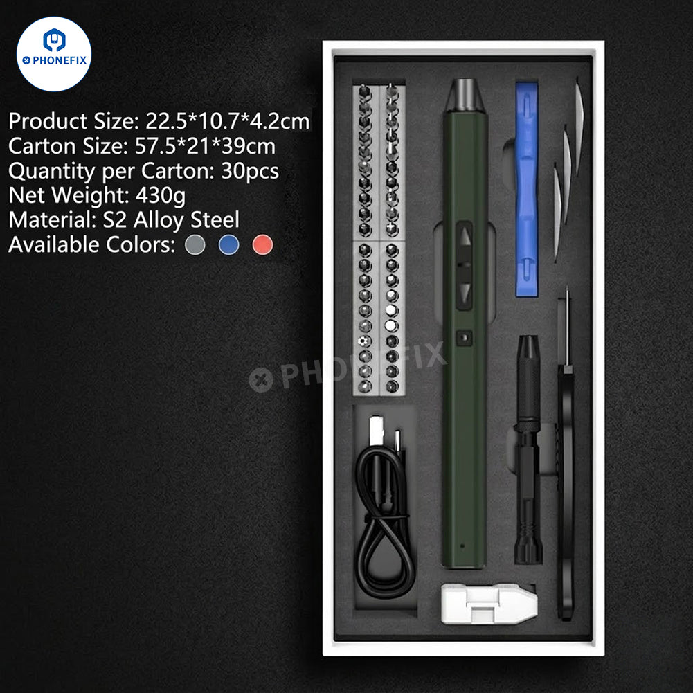PHONEFIX Mini Electric Screwdriver Set with precision screwdriver tools, featuring multiple bits and ergonomic handle for electronic repairs.