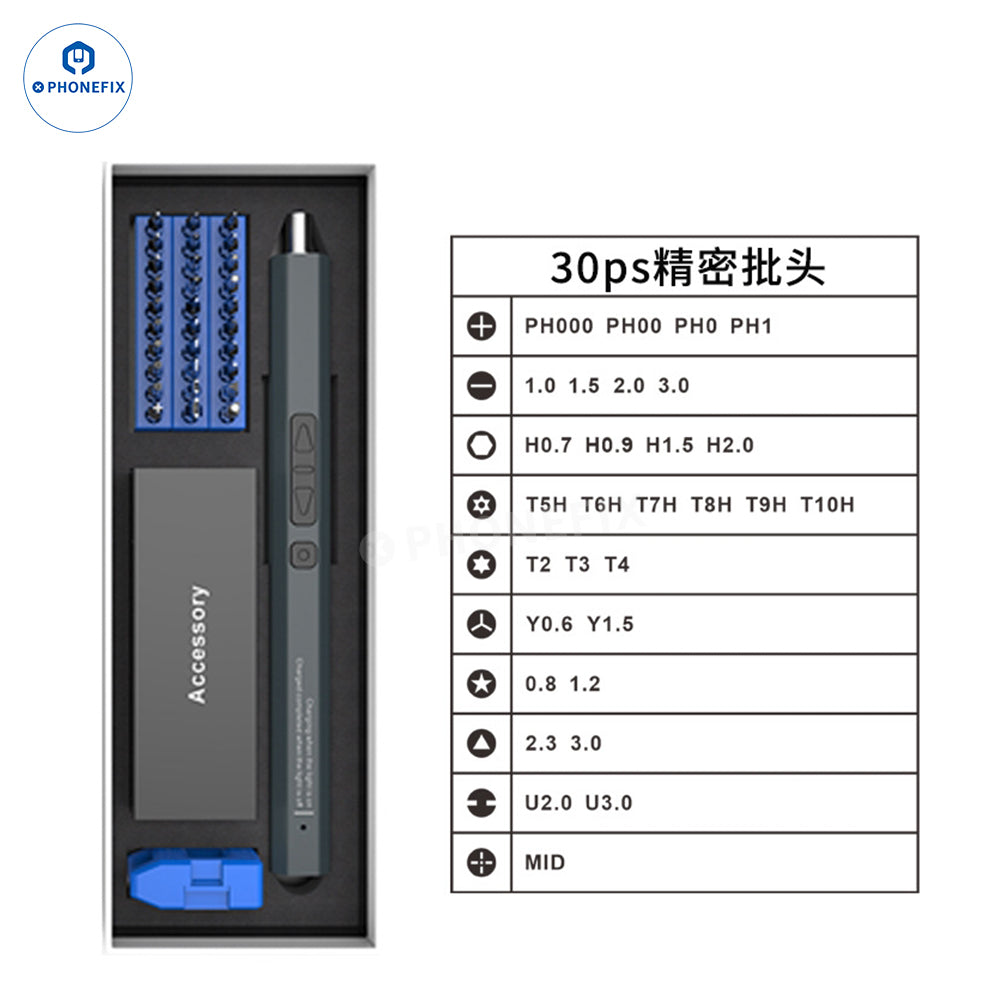 PHONEFIX Mini Electric Screwdriver Set with 36-in-1 precision screwdriver tools for electronics repair.