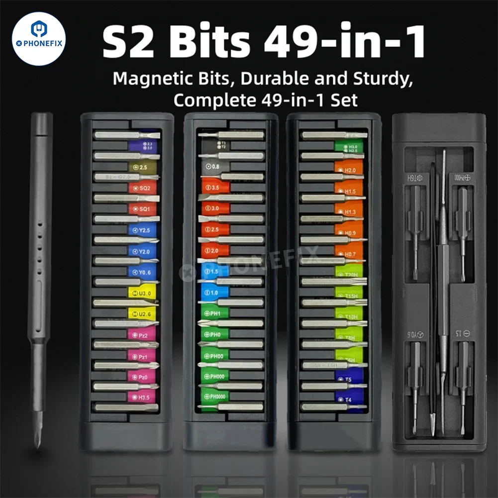 PHONEFIX 49-in-1 precision screwdriver set with various screwdriver tools for mobile phone and laptop repair.
