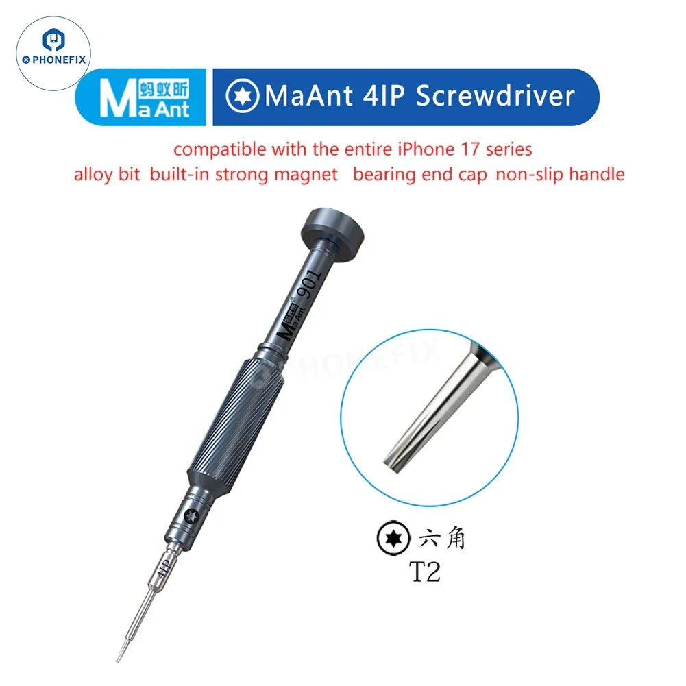 PHONEFIX mini screwdriver for iPhone 17 and Air models, designed for removing bottom screws on iPhone 17 Pro Max.