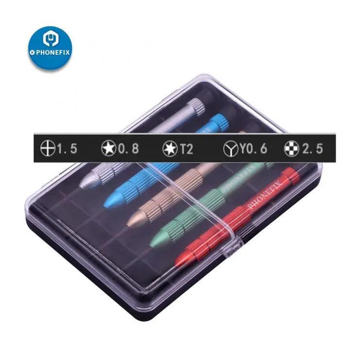 Set of 5 PHONEFIX precision screwdriver hand tools for iPhone and Huawei phone repair, featuring various small screwdriver tips.