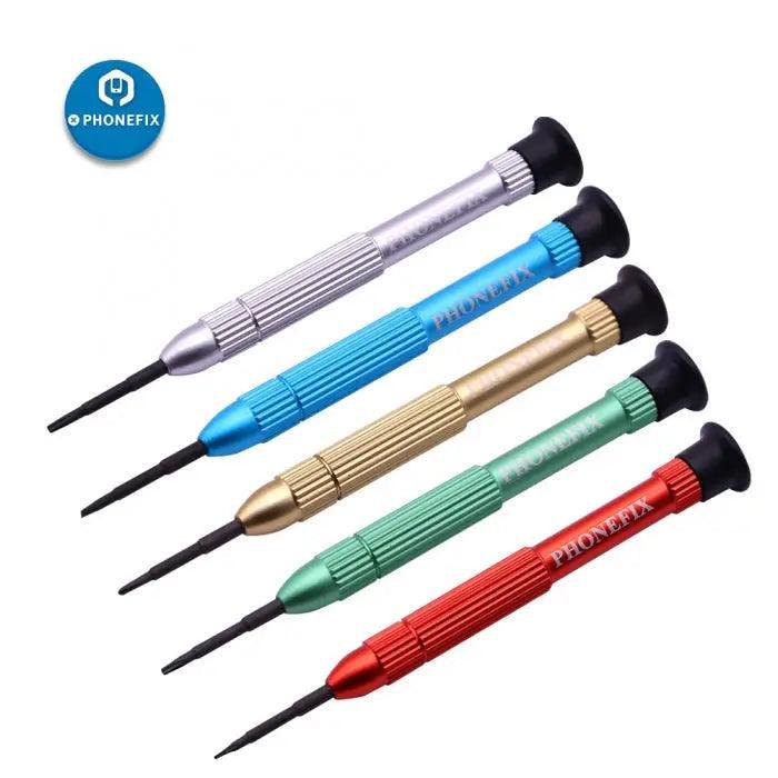 Five-piece precision screwdriver set by PHONEFIX with hand tools for iPhone and Huawei repairs, ideal for phone repair tasks.