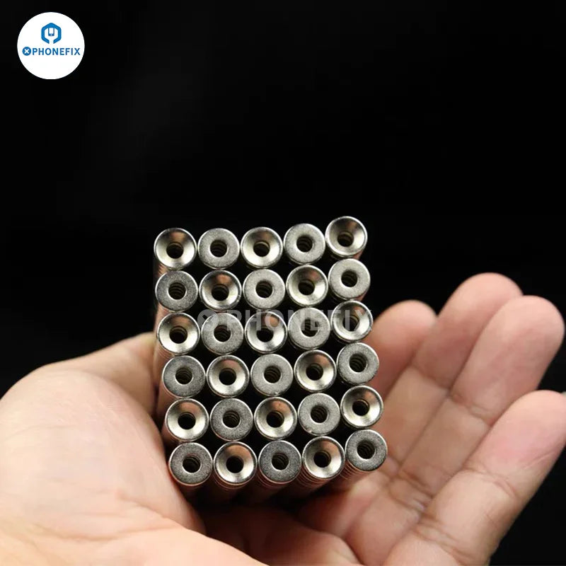 Magnetizador de destornilladores redondo PhoneFix con orificio y anillo magnético para sujetar y organizar las puntas de los destornilladores.