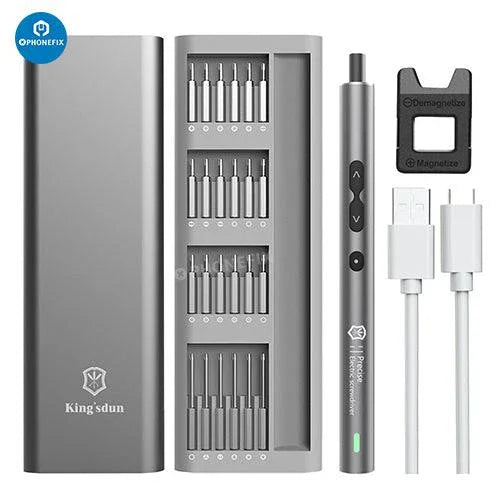 PhoneFix 62-in-1 electric precision screwdriver set with various bits for phone and PC repair, DIY toolkit, and electronics maintenance.