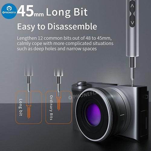 PhoneFix 62-in-1 electric precision screwdriver set with various bits for phone and PC repair DIY toolkit, compact and versatile.