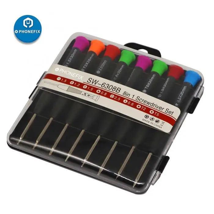 PHONEFIX 8-in-1 screwdriver set with storage box, designed for phone repair tools, featuring various screwdriver heads for electronics.