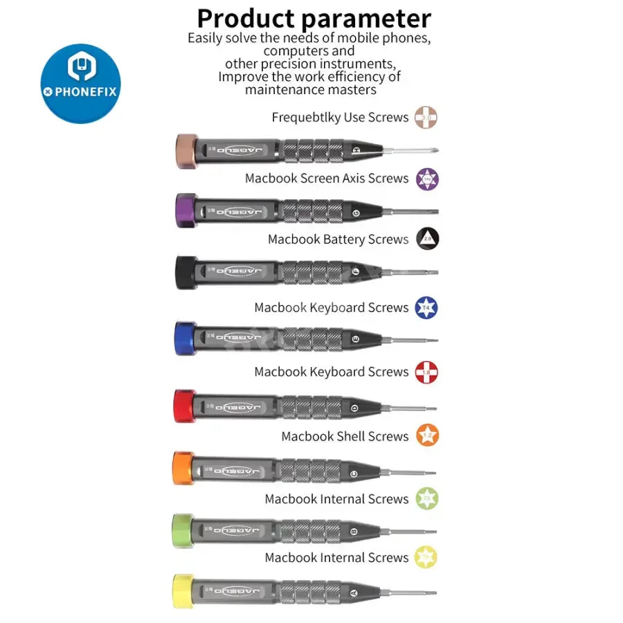 PhoneFix professional screwdriver set with precision tools for MacBook Air, MacBook Pro, and laptop disassembly repair.