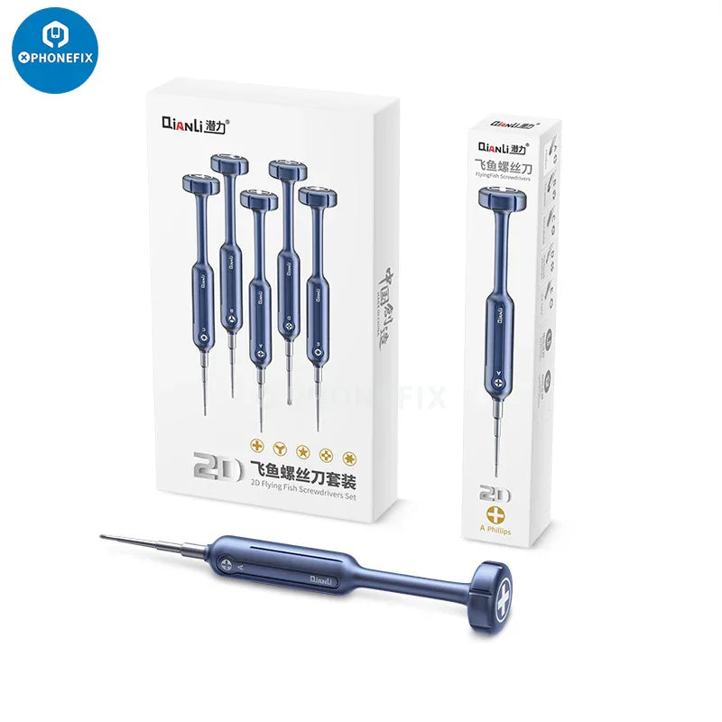 Qianli 2D Flyfish screwdriver set for iPhone disassembly and repair, PHONEFIX brand, with precision screwdriver tools in the image.
